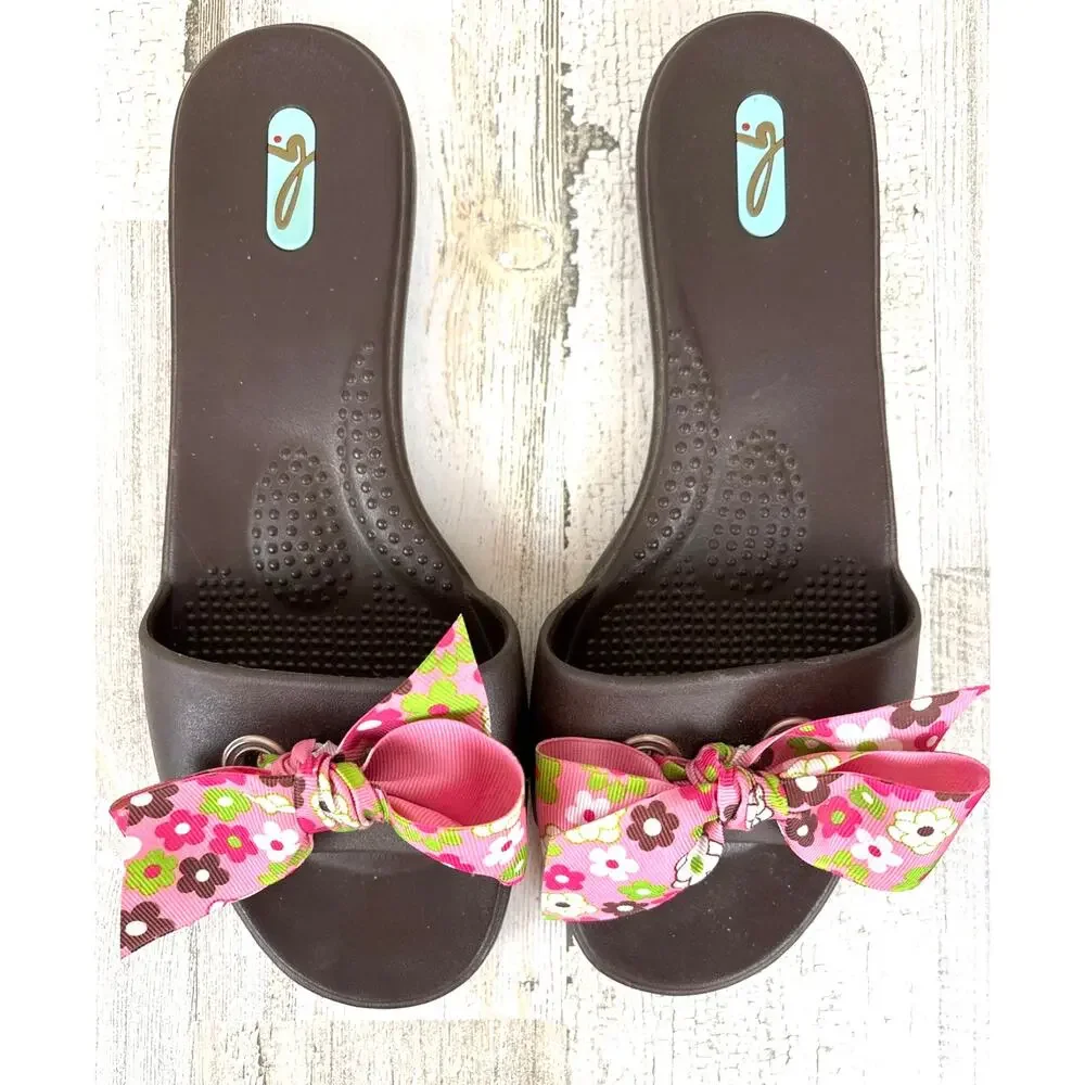 Oka-B Madison Brown Pink Floral Bow Slide Sandals Womens M/L NEW Casual